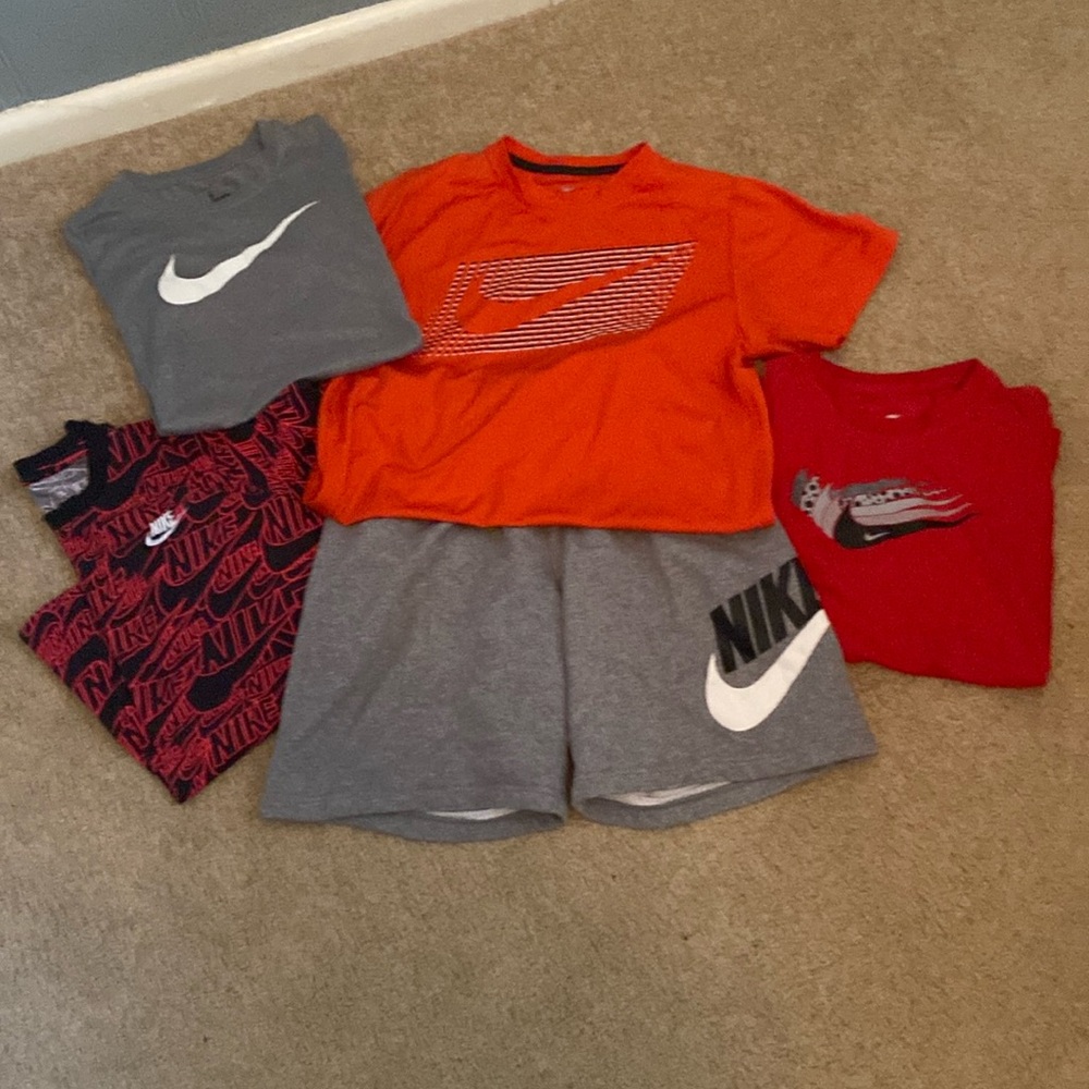 Nike bundle: Nike knit shorts YXL, Nike dri-fit shirts x2 YL, Nike Tees YL & YXL